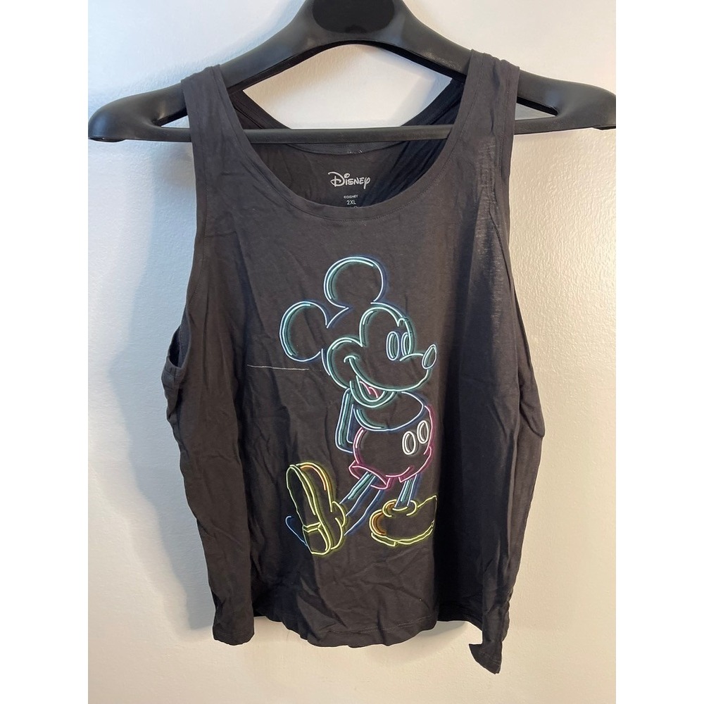 Disney Mickey Mouse Neon Graphic Tank Top Black 100% Cotton Kids Size 2XL